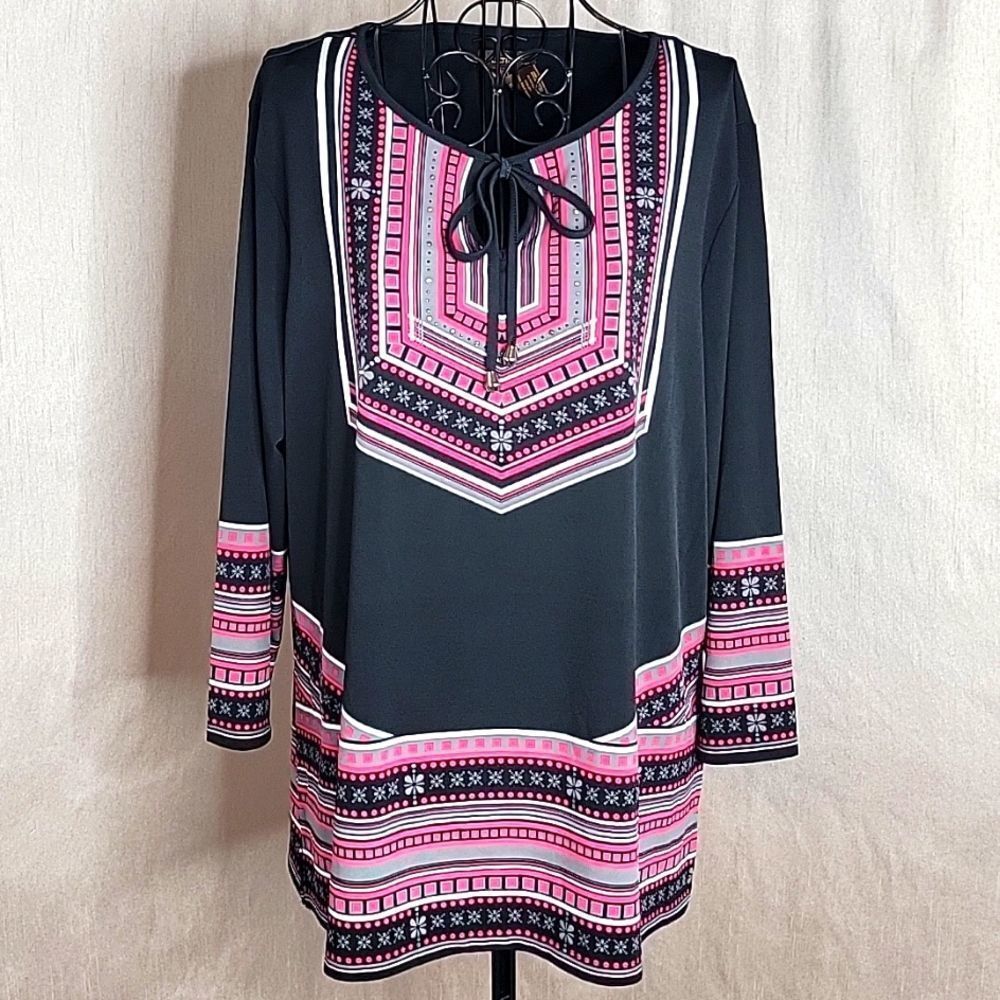 MULTIPLES Southwestern Bohemian Pink and Black Blouse Large